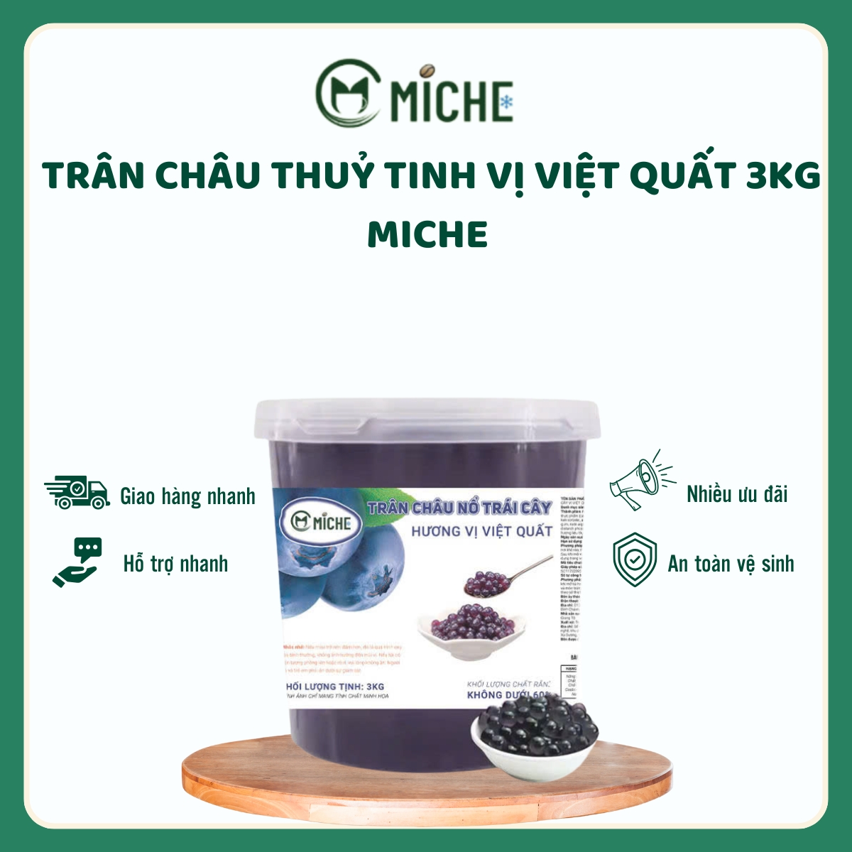 Trân Châu Thuỷ Tinh Vị Việt Quất, Miche, 3kg 
